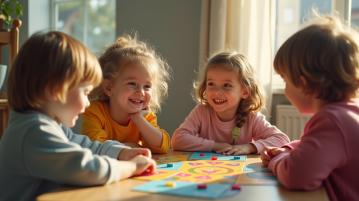 Trois enfants de trois ans jouent autour d'une table ensoleillée