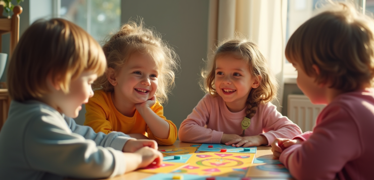 Trois enfants de trois ans jouent autour d'une table ensoleillée