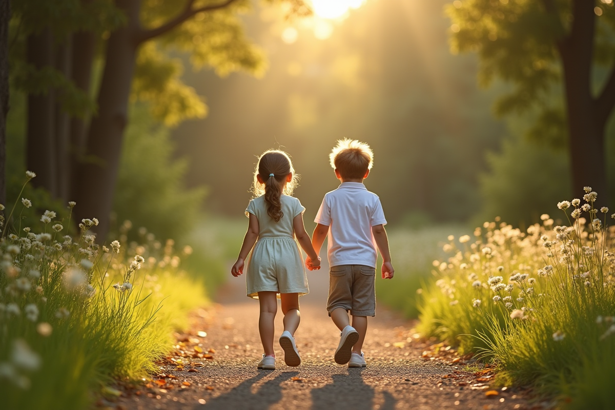 Deux enfants marchant main dans la main dans un parc naturel