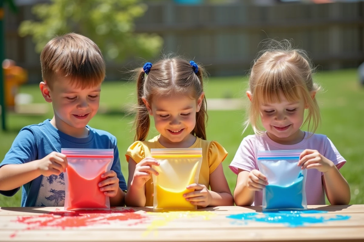 Groupe d enfants peignant avec des sacs plastiques en plein air