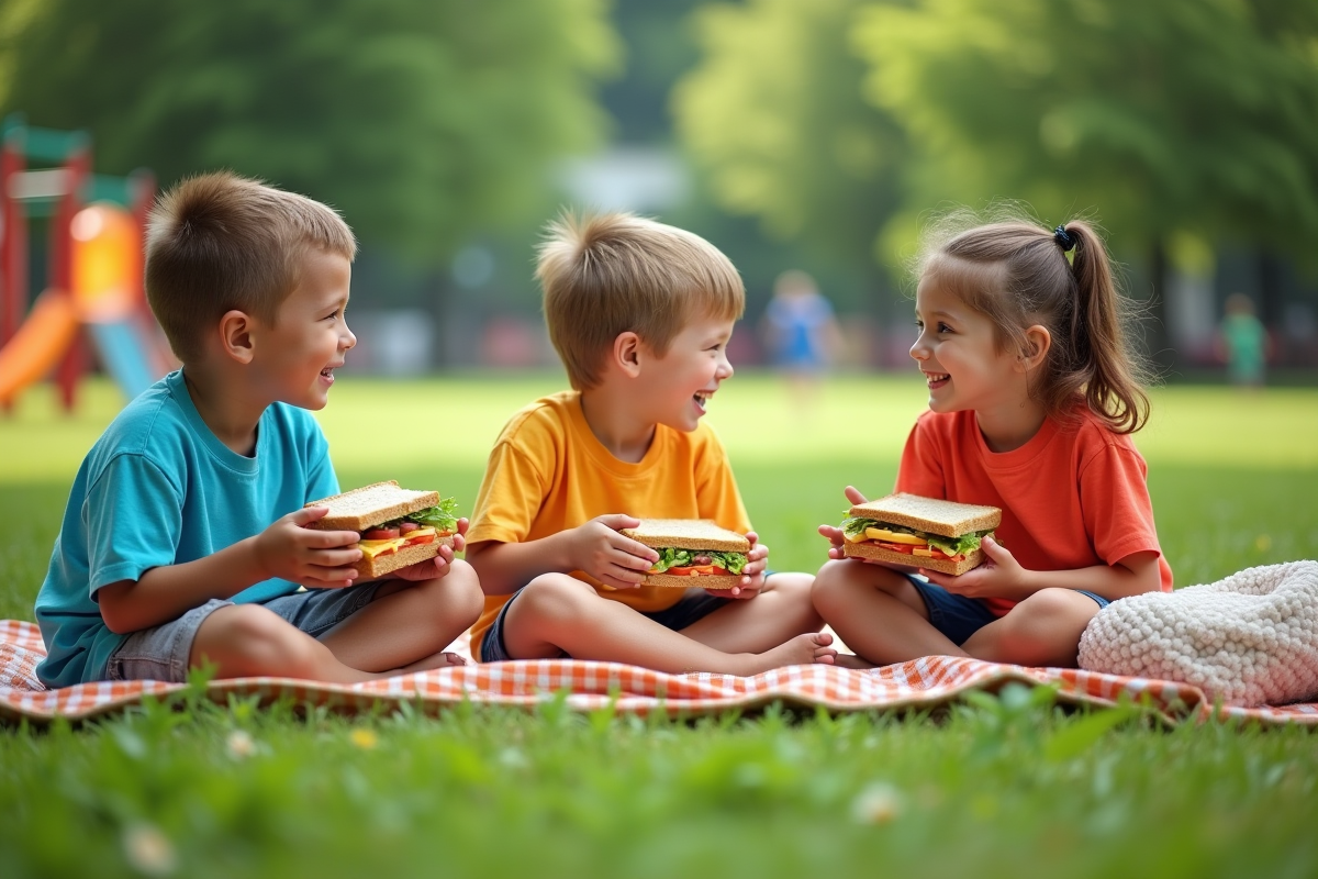 Trois enfants partageant un pique-nique dans un parc vert en ville