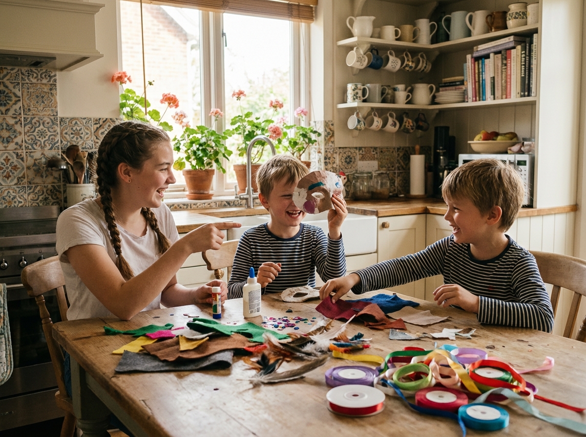 Freres et sœurs fabriquant des masques de carnaval dans la cuisine