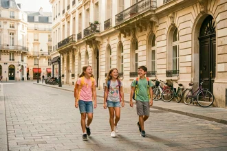 Enfants en vacances scolaires dans une rue de Montpellier avec sacs à dos colorés