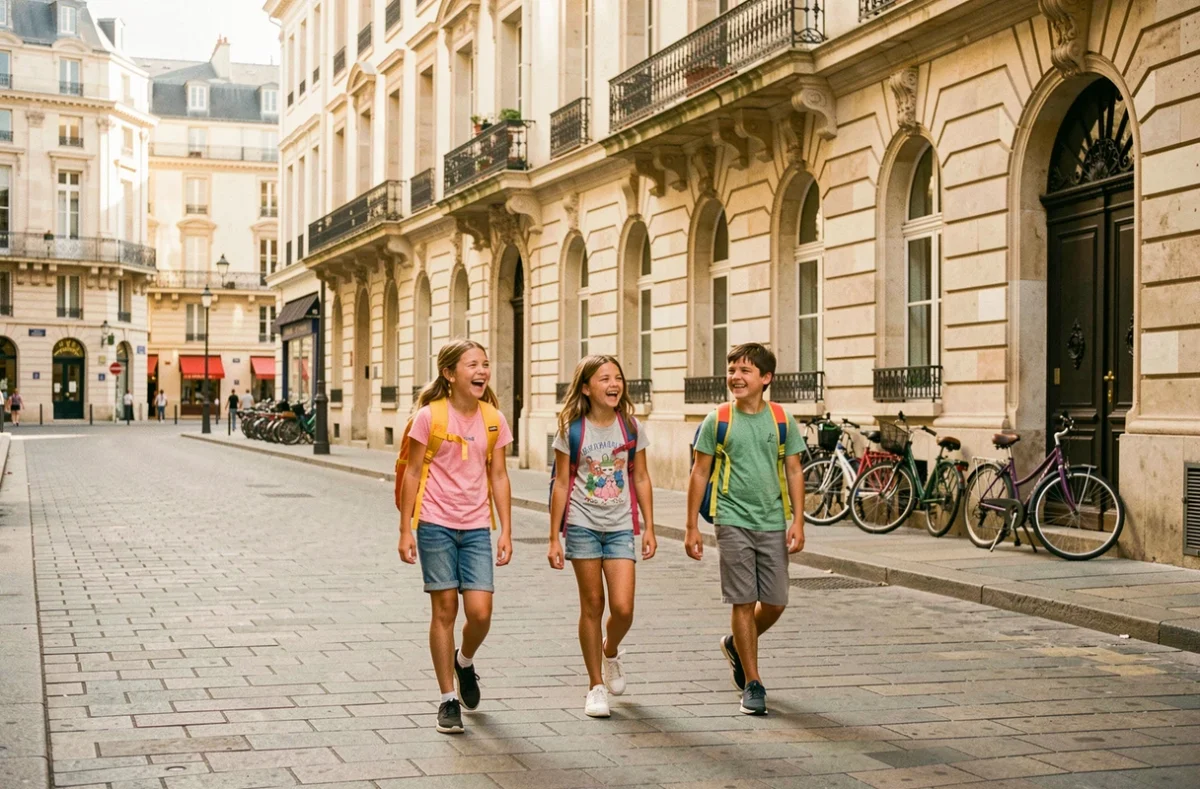 Enfants en vacances scolaires dans une rue de Montpellier avec sacs à dos colorés