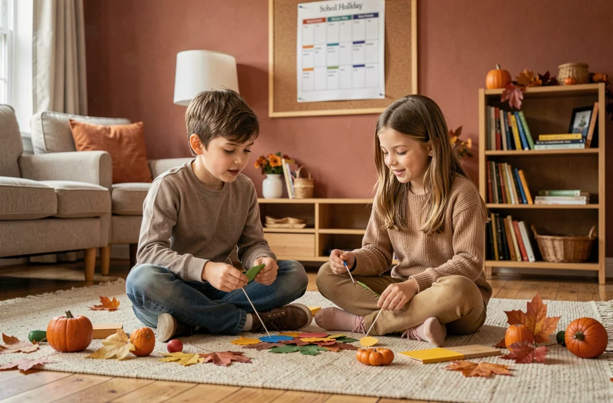 Enfants jouant à la maison pendant les vacances scolaires de la Toussaint 2026 avec un planning affiché au mur