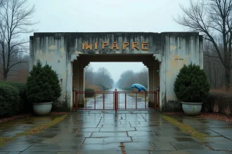 Entrée abandonnée du parc aquatique Aqualud au Touquet après sa fermeture, végétation envahissante et grilles rouillées