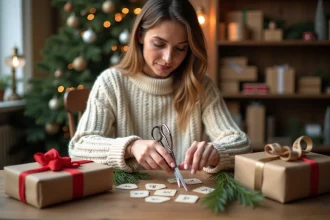 Femme découpant des étiquettes cadeaux de Noël imprimées sur un bureau en bois décoré de branches de sapin et de rubans
