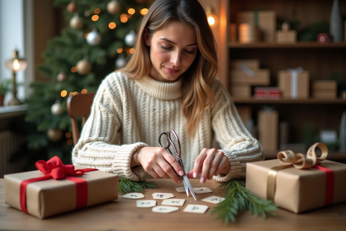 Femme découpant des étiquettes cadeaux de Noël imprimées sur un bureau en bois décoré de branches de sapin et de rubans