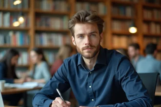 Jeune homme étudiant dans une bibliothèque universitaire moderne, prenantdes notes manuscrites devant un ordinateur portable ouvert
