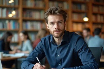 Jeune homme étudiant dans une bibliothèque universitaire moderne, prenantdes notes manuscrites devant un ordinateur portable ouvert
