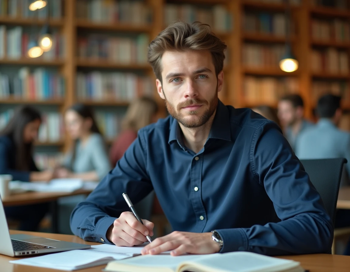 Jeune homme étudiant dans une bibliothèque universitaire moderne, prenantdes notes manuscrites devant un ordinateur portable ouvert