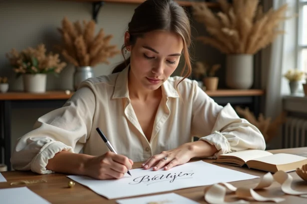 Jeune femme écrivant un faire-part de baptême 2026 à la main avec calligraphie élégante sur bureau en bois rustique