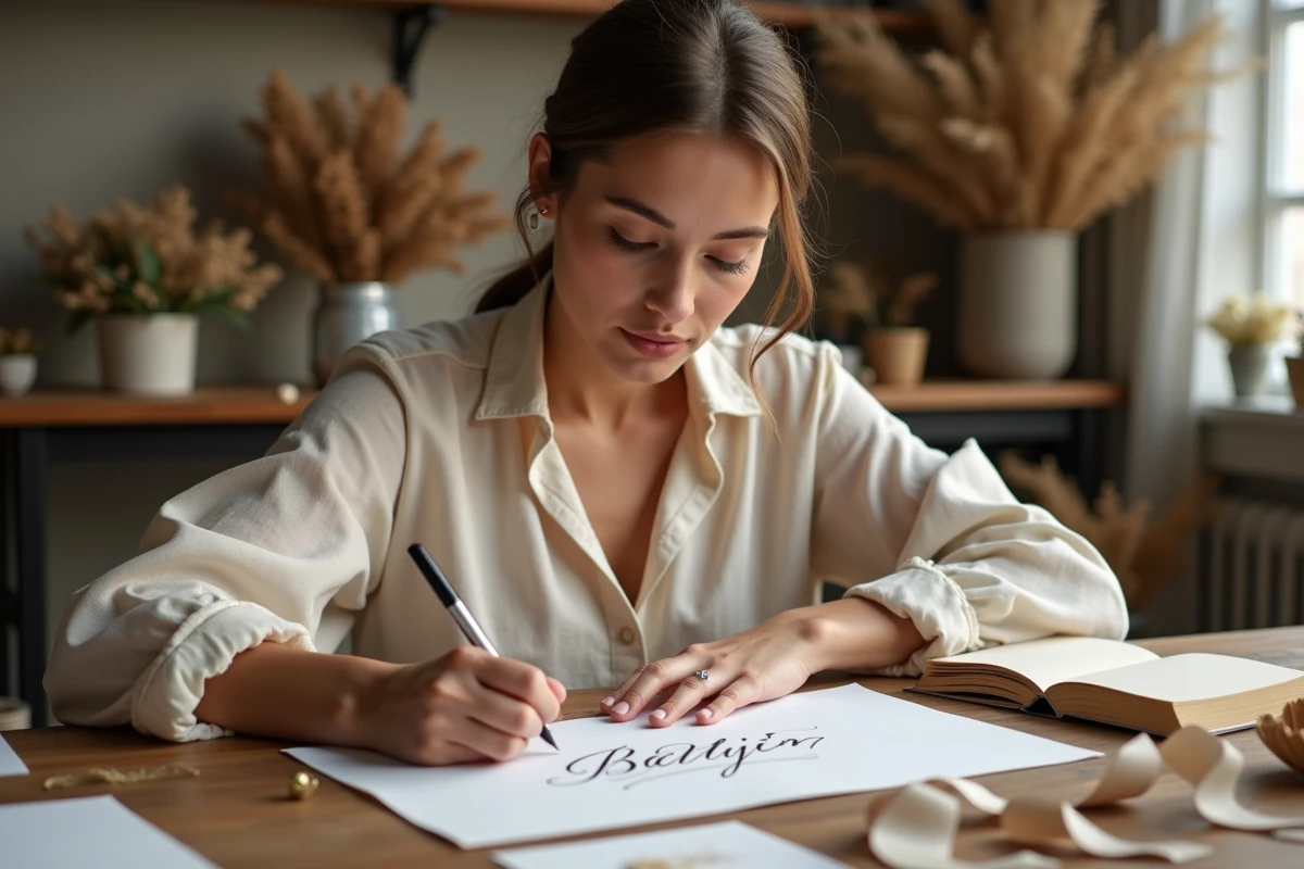 Jeune femme écrivant un faire-part de baptême 2026 à la main avec calligraphie élégante sur bureau en bois rustique