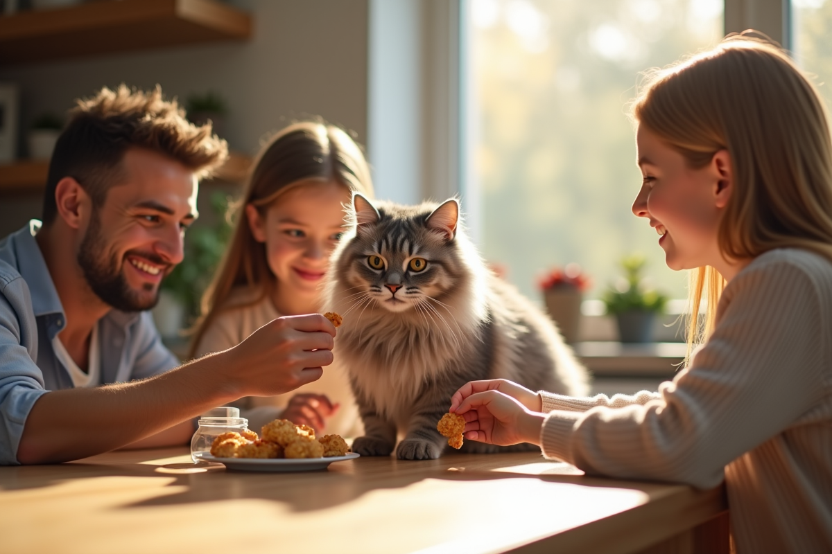 Famille donnant des friandises à un chat persan chinchilla dans la cuisine