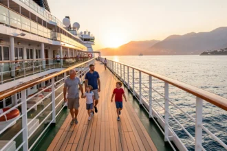 Famille avec deux enfants sur le pont d'un paquebot au lever du soleil