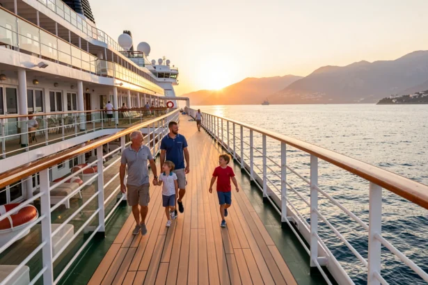 Famille avec deux enfants sur le pont d'un paquebot au lever du soleil
