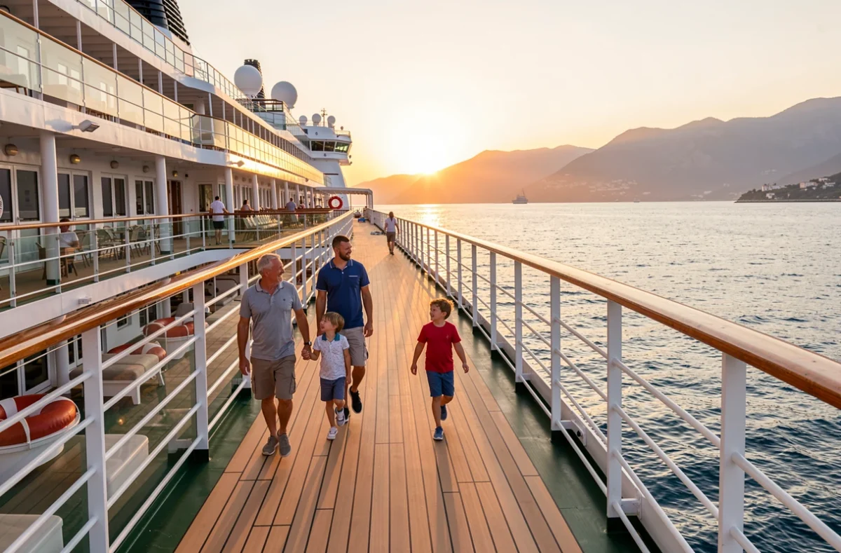 Famille avec deux enfants sur le pont d'un paquebot au lever du soleil