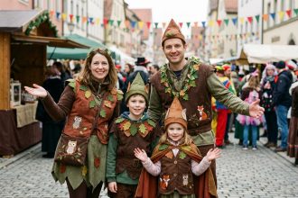 Famille en costumes de carnaval sur rue lors d'un carnaval forestier