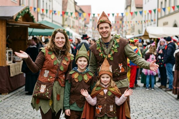 Famille en costumes de carnaval sur rue lors d'un carnaval forestier