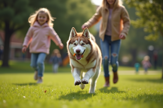 Famille jouant avec un berger australien husky dans un parc