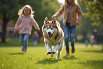 Famille jouant avec un berger australien husky dans un parc