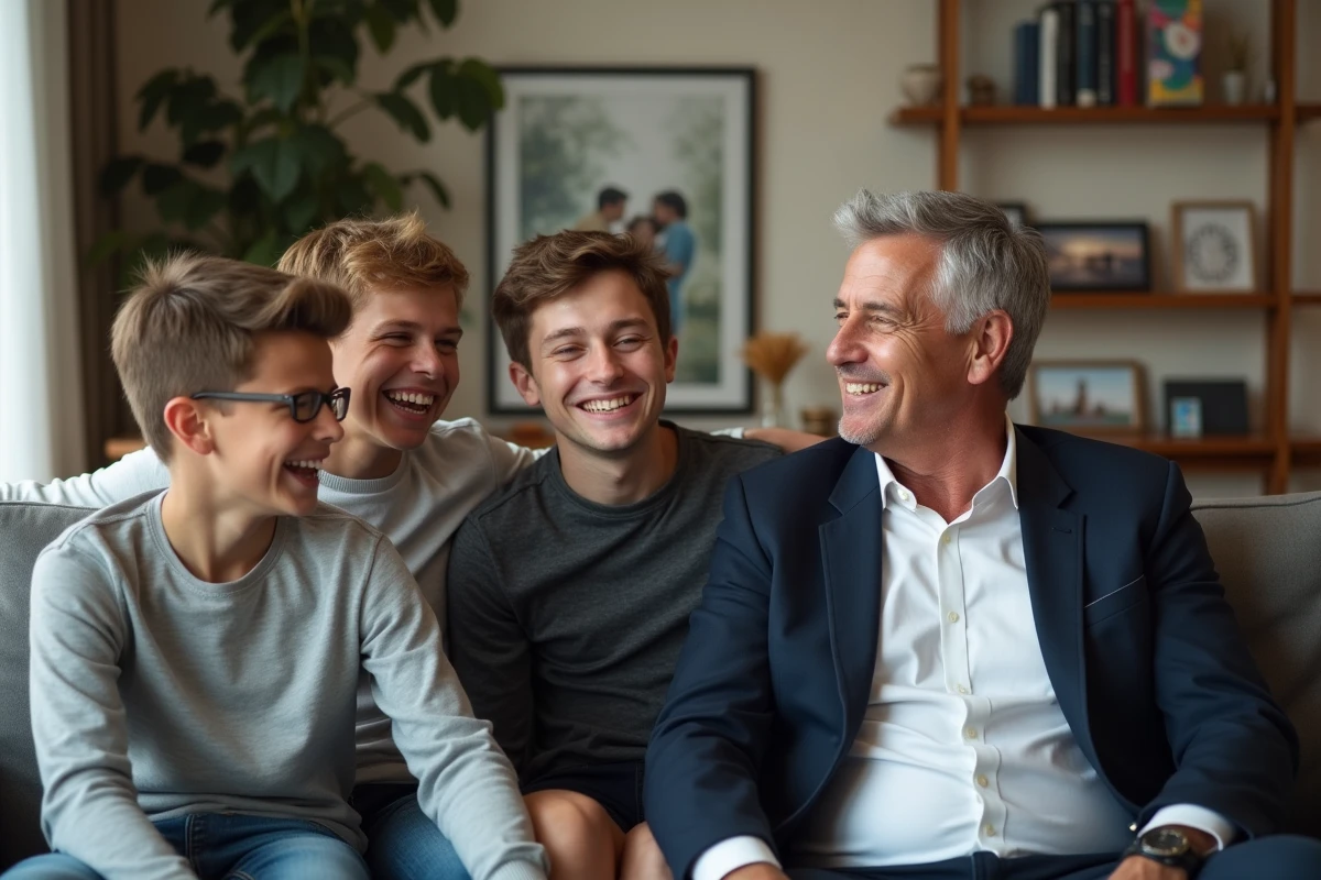 Groupe familial souriant dans un salon lumineux