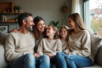 Famille multigénération assise sur un canapé chaleureux