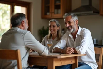 Jeune homme français algérien avec ses parents dans la cuisine chaleureuse