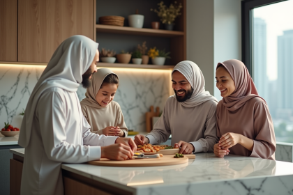 Famille moyen-orientale partageant un repas dans une cuisine moderne