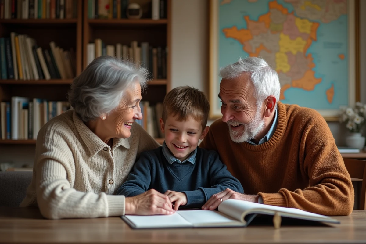 Famille intergénérationnelle souriante dans un salon cosy