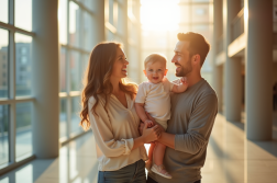 Famille souriante dans la mairie en plein jour