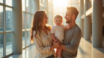 Famille souriante dans la mairie en plein jour