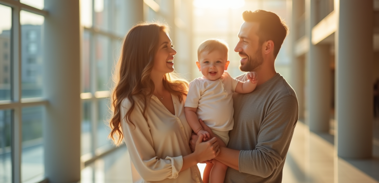 Famille souriante dans la mairie en plein jour
