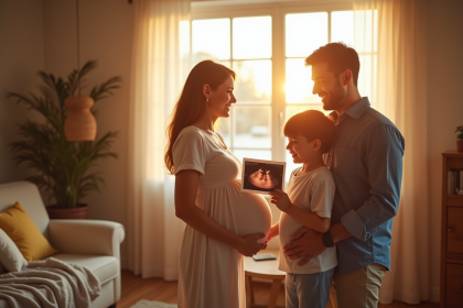 Famille heureuse avec photo d'échographie de jumeaux