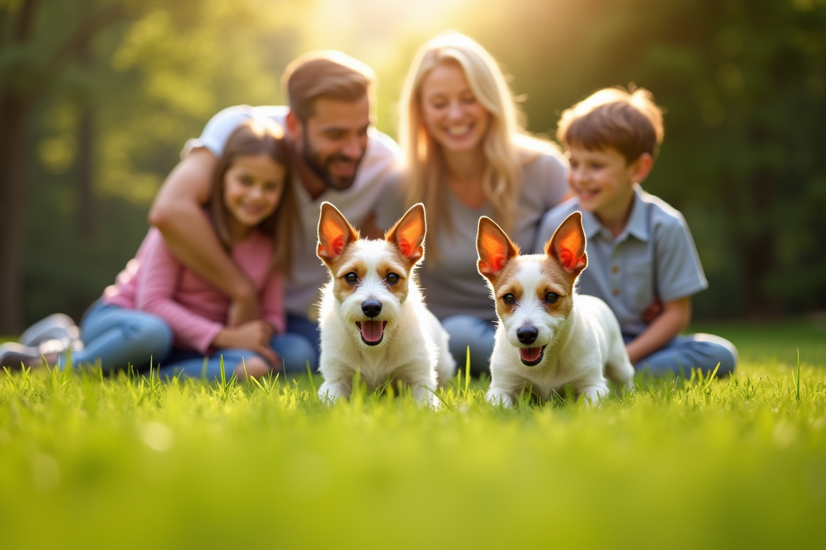 Famille jouant avec deux Jack Russell dans le jardin ensoleille