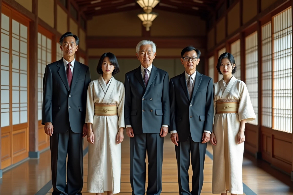 Famille japonaise de cinq personnes dans un hall traditionnel