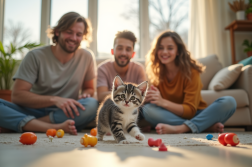 Famille heureuse jouant avec un chaton gris blanc dans le salon
