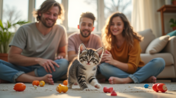 Famille heureuse jouant avec un chaton gris blanc dans le salon