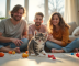 Famille heureuse jouant avec un chaton gris blanc dans le salon
