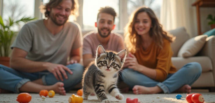 Famille heureuse jouant avec un chaton gris blanc dans le salon