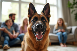 Famille jouant dans le salon avec un chien Malinois