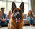 Famille jouant dans le salon avec un chien Malinois