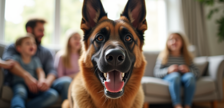 Famille jouant dans le salon avec un chien Malinois