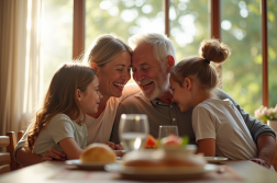 Couple et enfants souriants autour d'une table en lumière naturelle