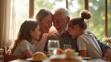 Couple et enfants souriants autour d'une table en lumière naturelle