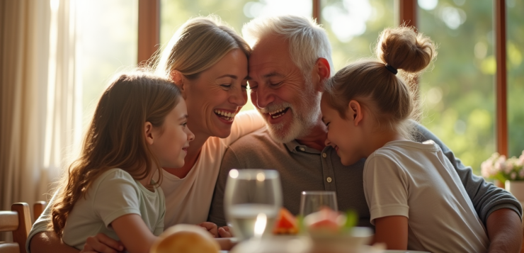 Couple et enfants souriants autour d'une table en lumière naturelle