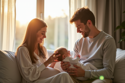 Famille heureuse dans un salon lumineux discutant de noms de bébé