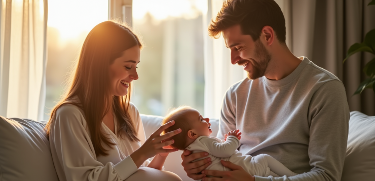 Famille heureuse dans un salon lumineux discutant de noms de bébé