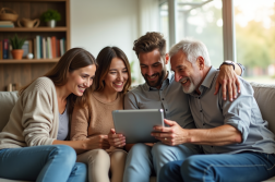 Famille multigenerations souriante avec tablette dans un salon lumineux