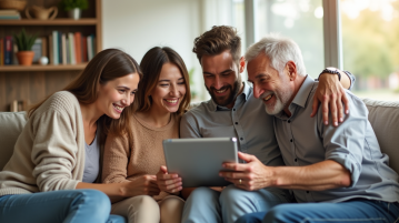 Famille multigenerations souriante avec tablette dans un salon lumineux
